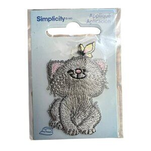 Simplicity Iron On Applique Patch Gray Cat With Butterfly 2 Inches Tall Embroide